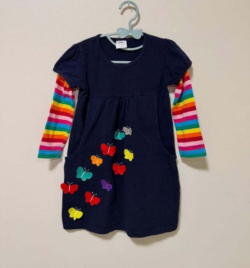 Vikita Girls Long Sleeve Rainbow Stripe Butterfly Applique Dress Size 4-5Y